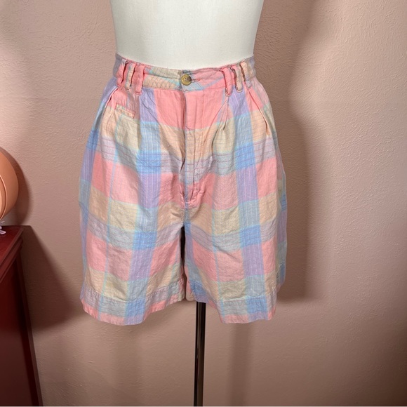 Vintage 80 90 Snazz peach blue preppy Plaid high Waist Bermuda Shorts - Picture 3 of 17